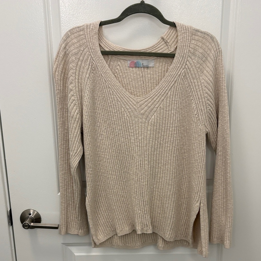 Free People V-Neck Ribbed Sweater in Cream